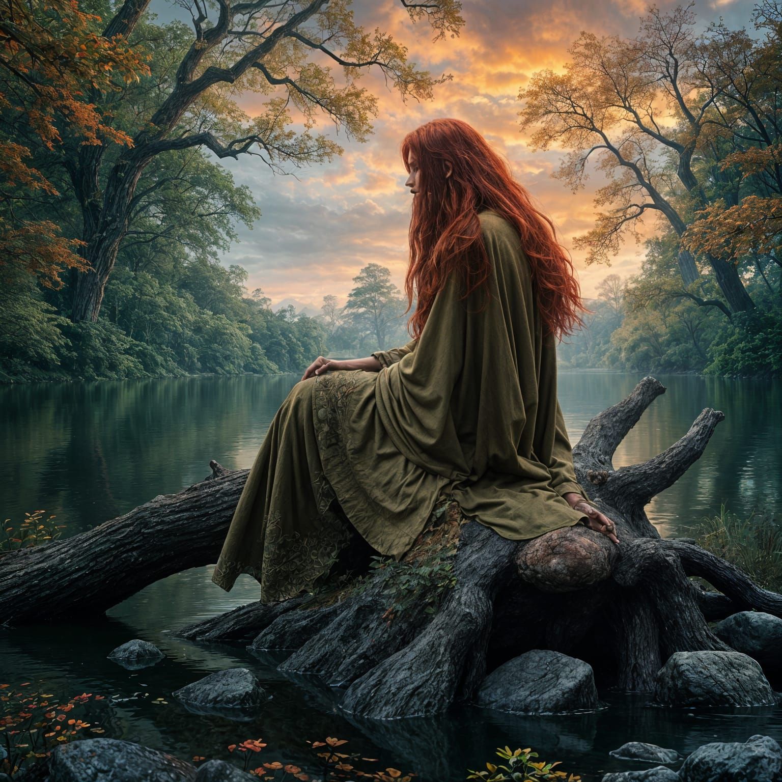 Red-Haired Banshee Woman in Forest Lake: Matte Painting