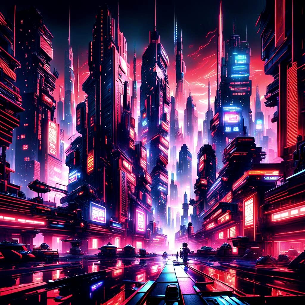 Cyberpunk Cityscape with Red LED Lights