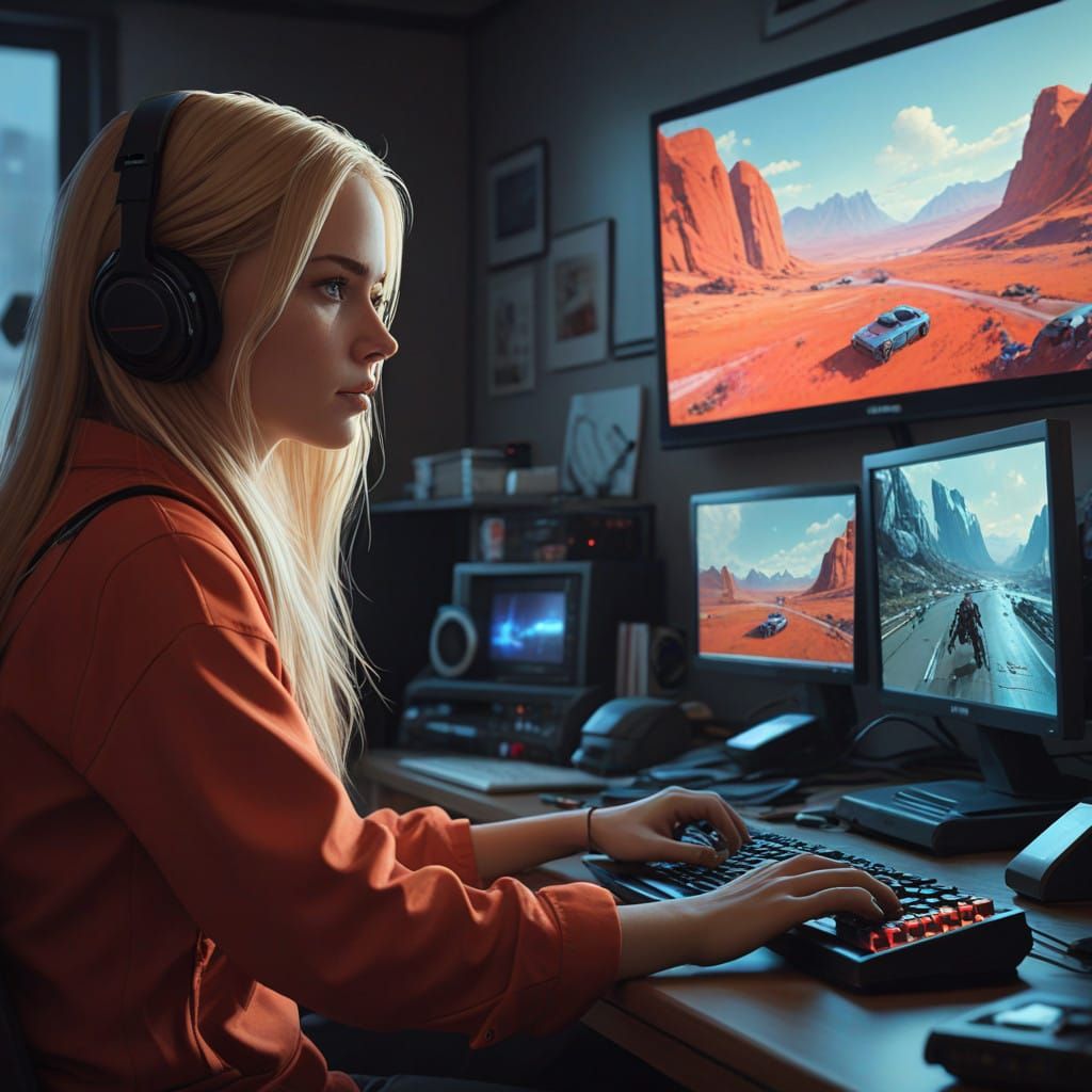 Woman Gamer Lost in Virtual World
