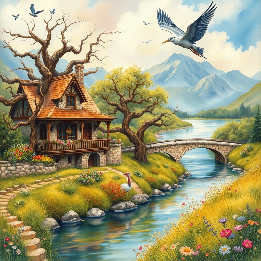 Whimsical Watercolor Landscape with Serene River and Ancient...