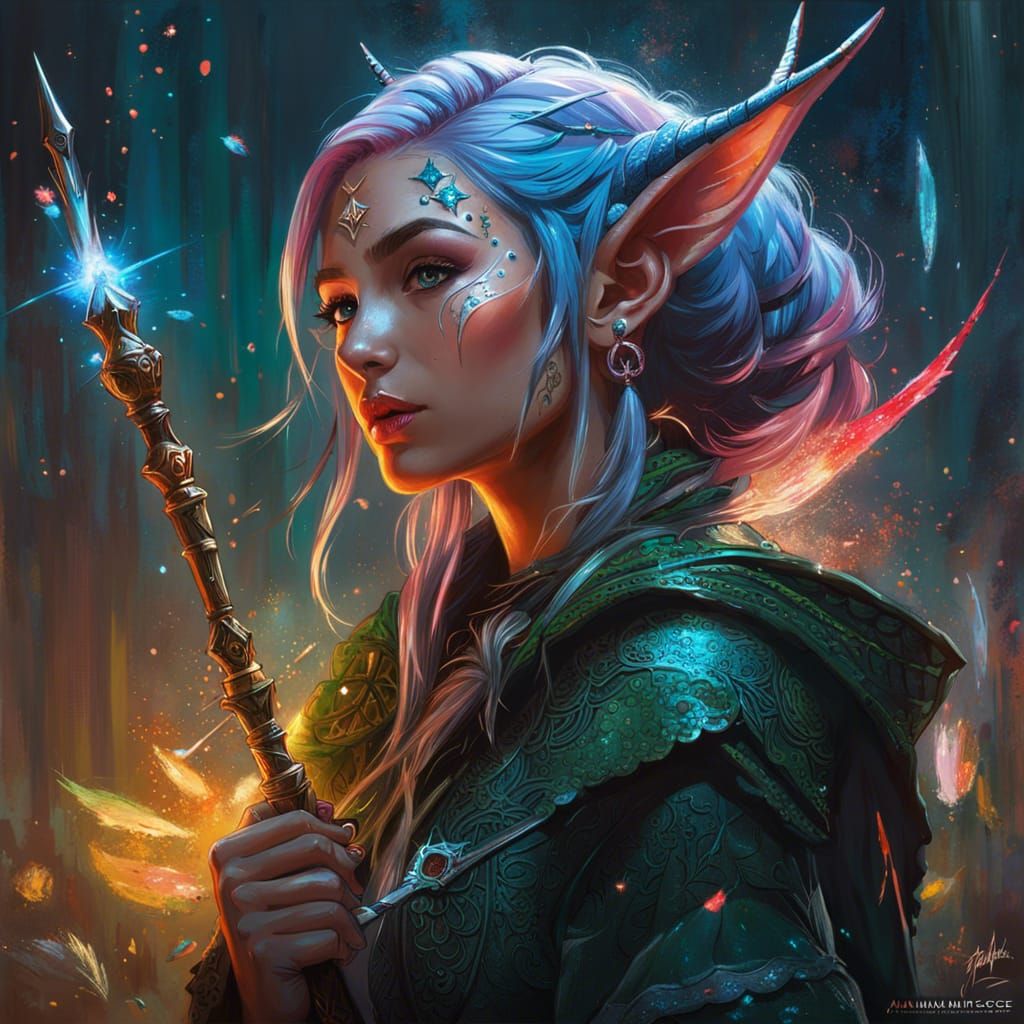 Enchanting Elf Wielding Magic Wand as Impasto Painting