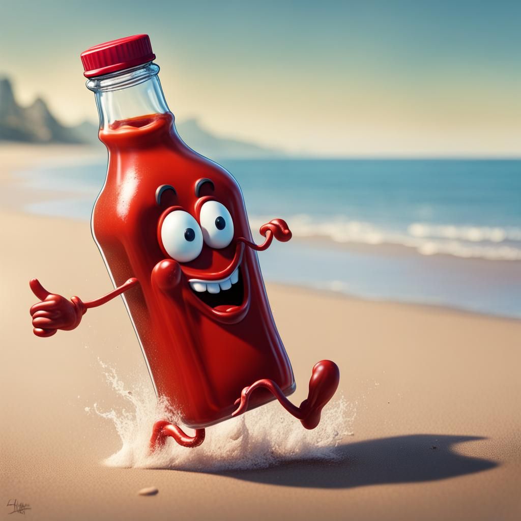Anthropomorphic Ketchup Bottle Running on the Beach
