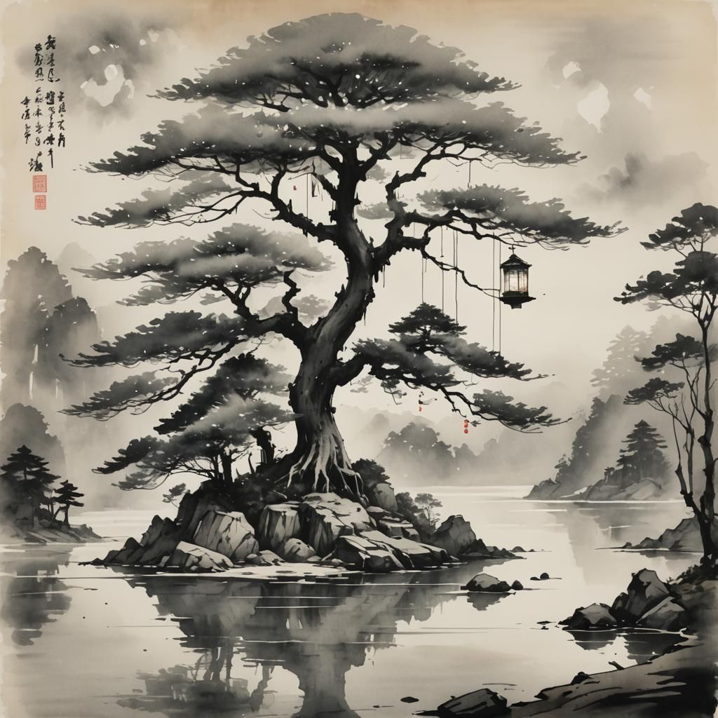 Ink Wash Painting of Bonsai Tree on Lake