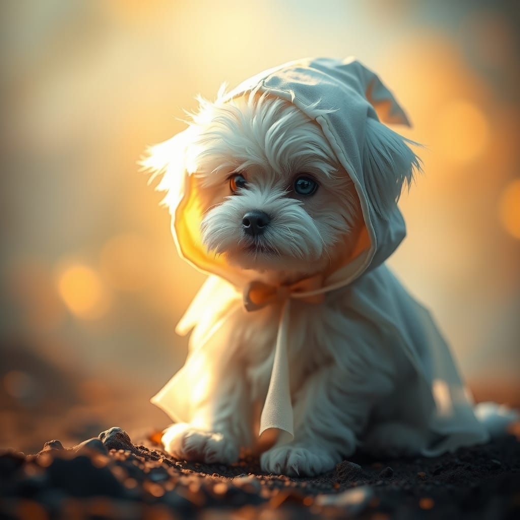 Maltese Puppy in Ghost Costume, Dreamlike Fantasy Art