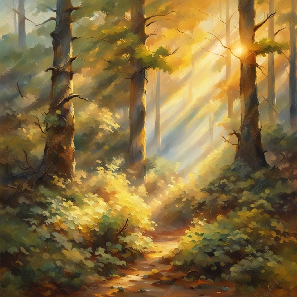 Sunny Morning Forest Landscape as Oil Painting