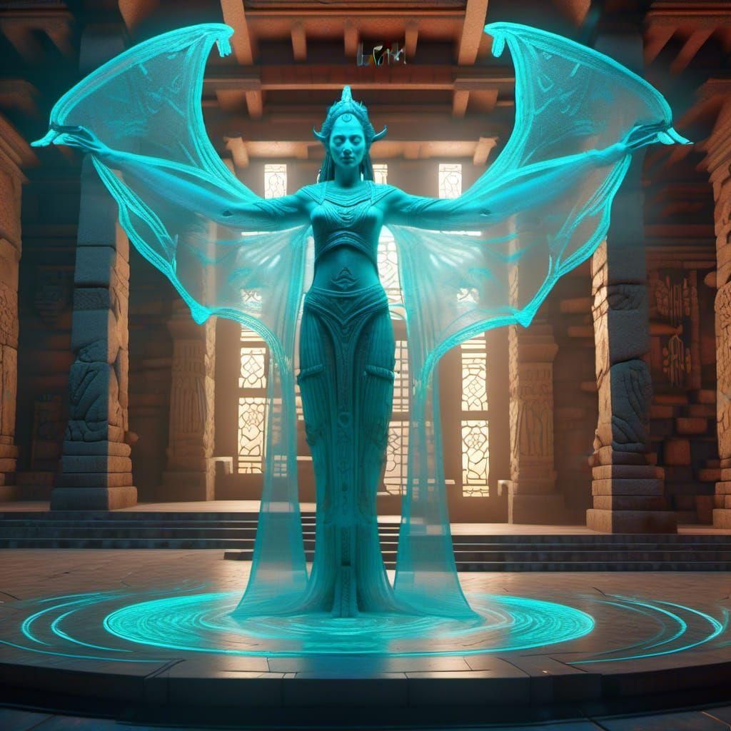 Ethereal Holographic Goddess in Ancient Temple
