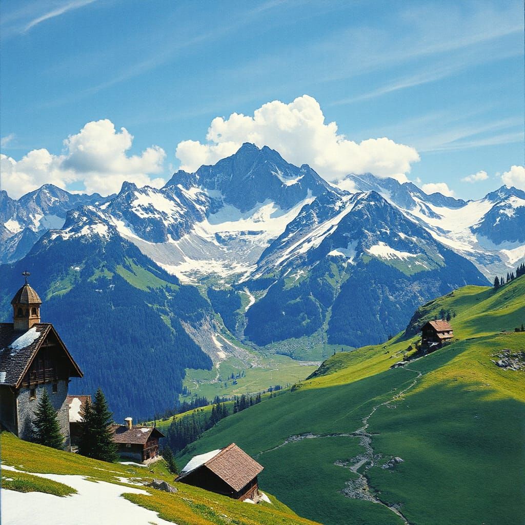 Hyperdetailed Swiss Alps Landscape in Alcohol Ink Style