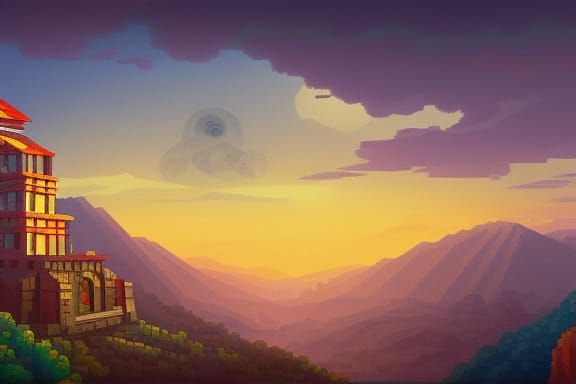 Mount Olympus at dawn storybook illustration maximalist matte painting cubist pixel art pixiv