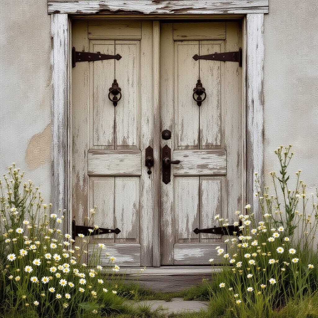 Aged Wooden Doors with Wildflowers and Brushed Metal