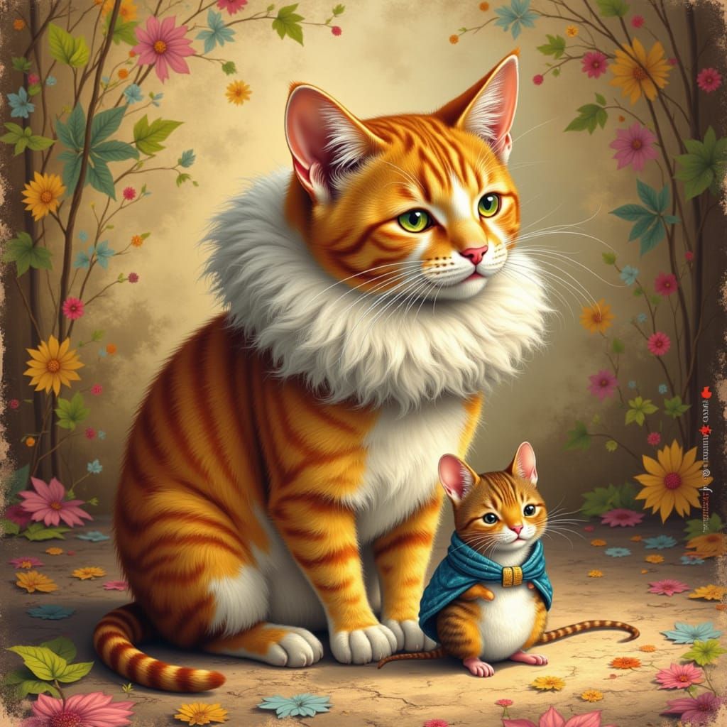 Cat and Mouse in Cozy Room, Whimsical Illustration Style