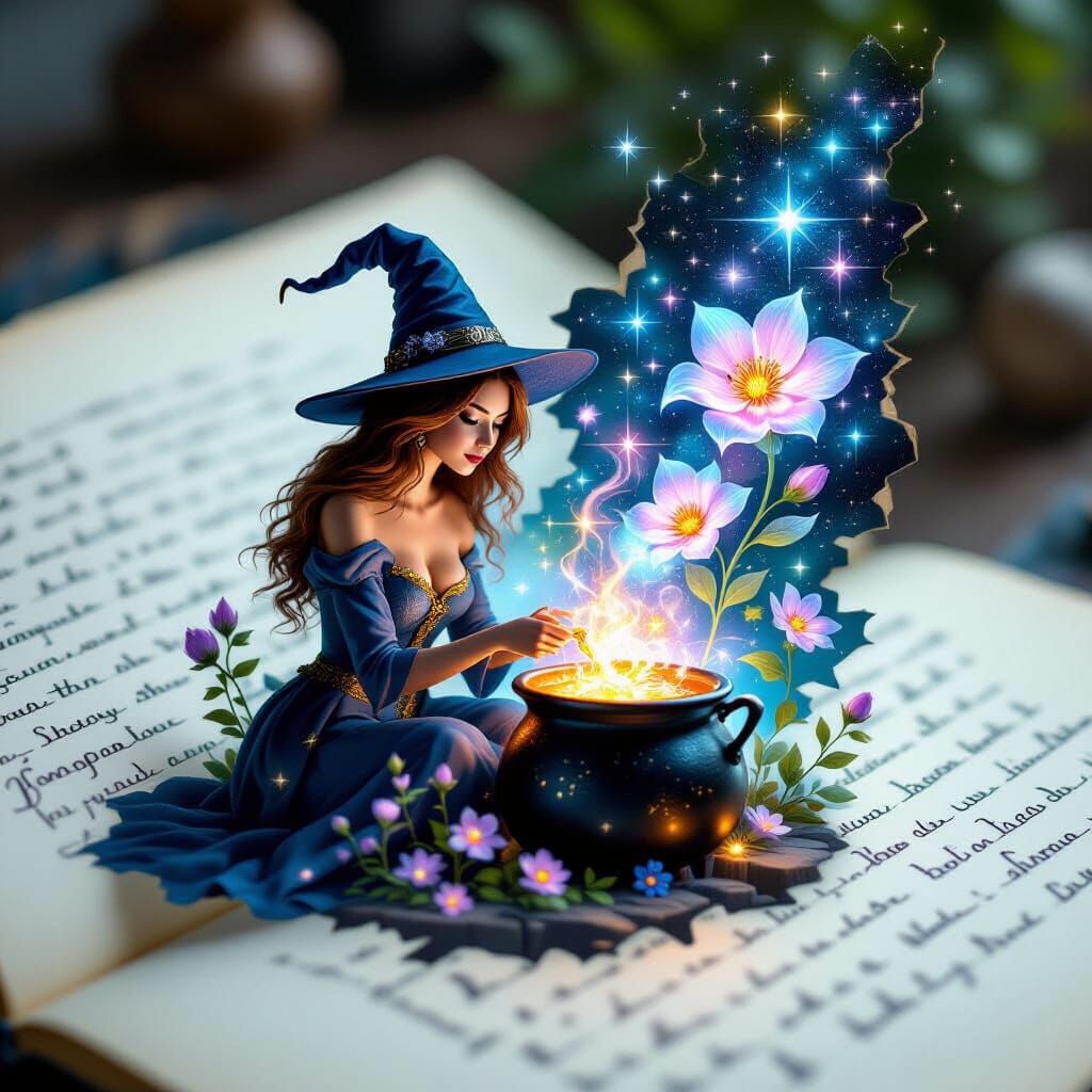 Sorceress Brewing Potion on Page, Ethereal Glow