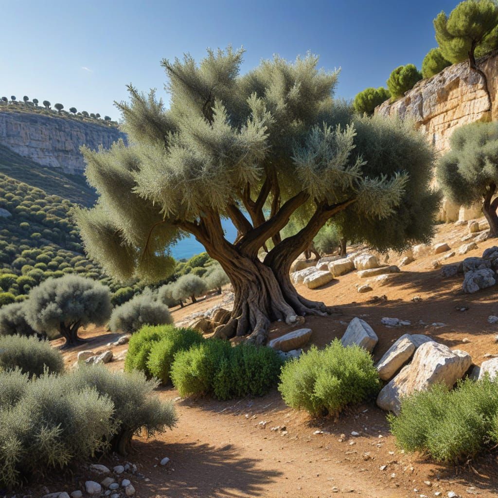 Ancient Olive Trees on Mediterranean Cliffs with Donkey