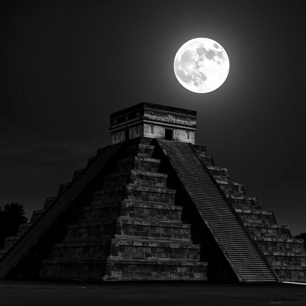 Monochrome Full Moon Over Mesoamerican Pyramid