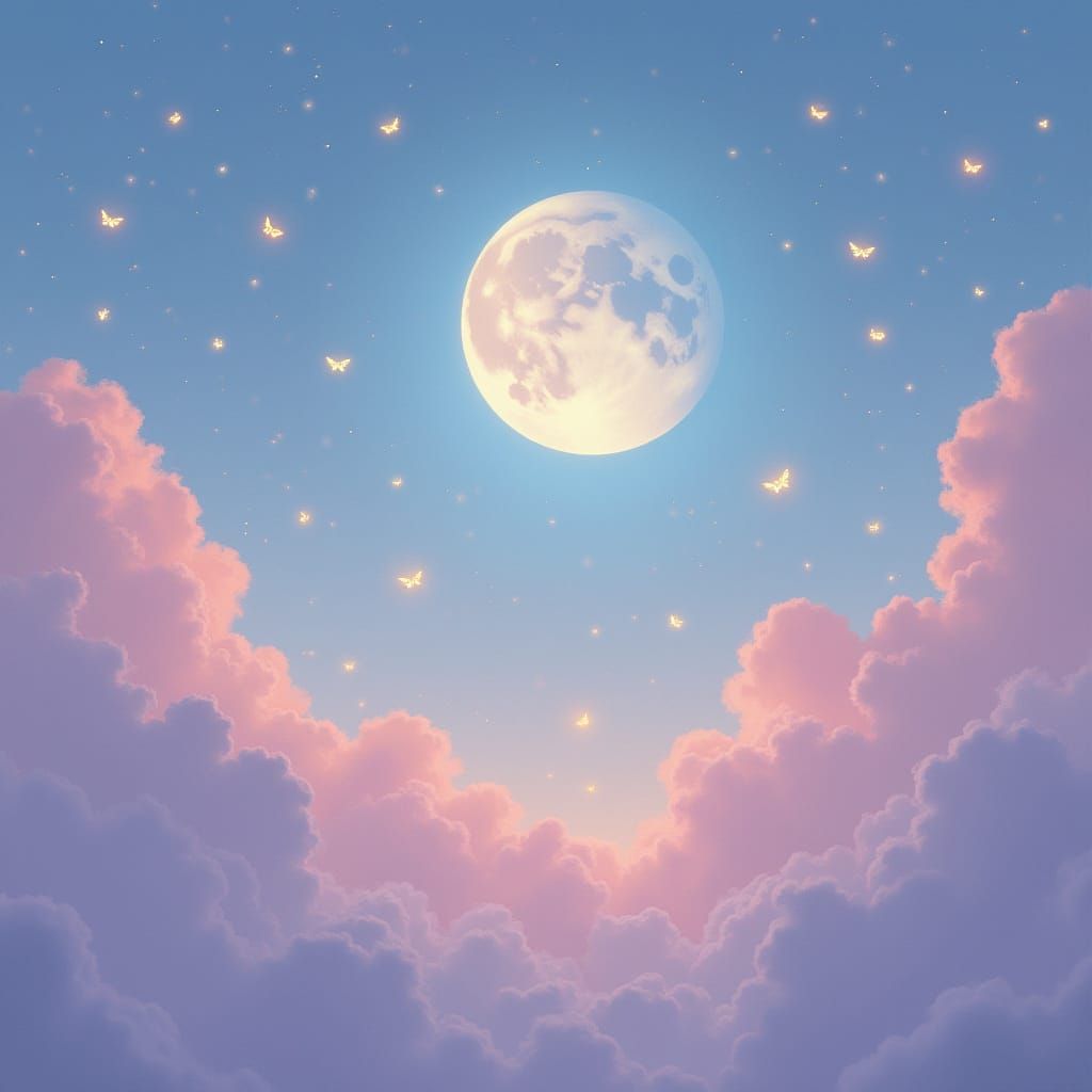 Pastel Moonlit Sky with Fireflies, Ethereal Digital Art