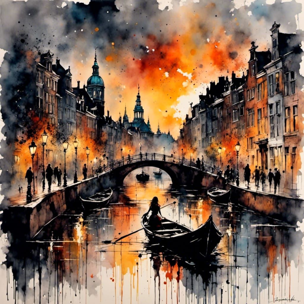 Amsterdam Canals at Sunset, Impressionist Mixed Media