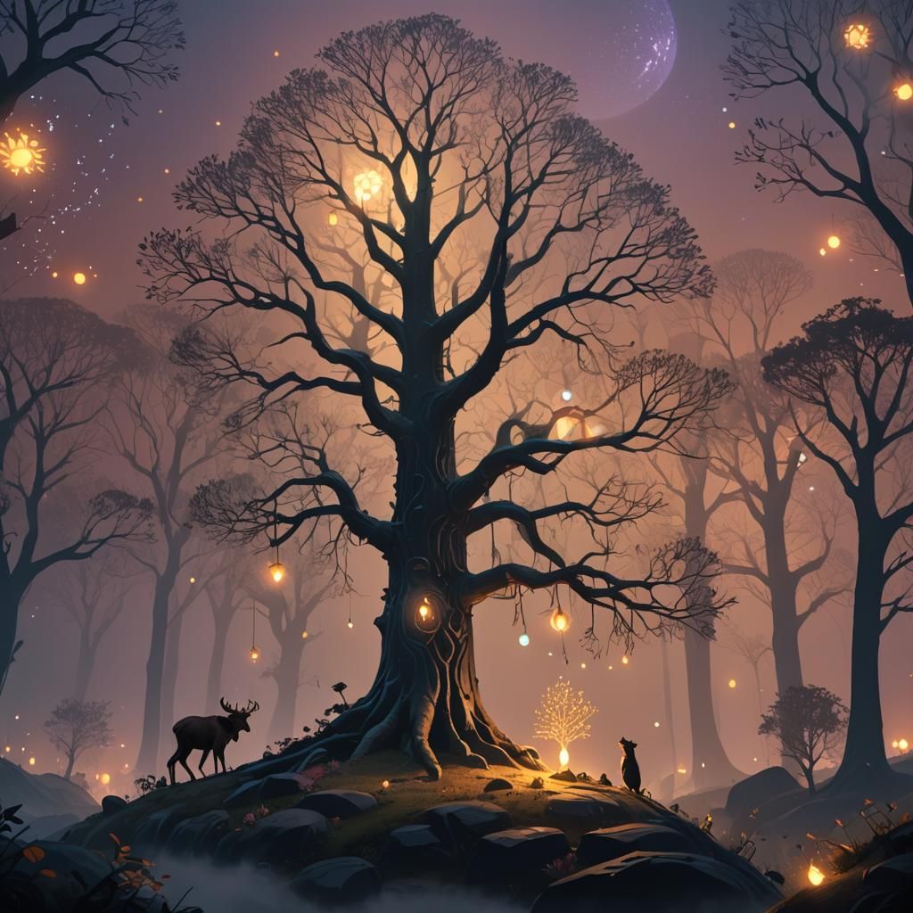 Glowing Tree in Misty Forest: Eerie Mysticism