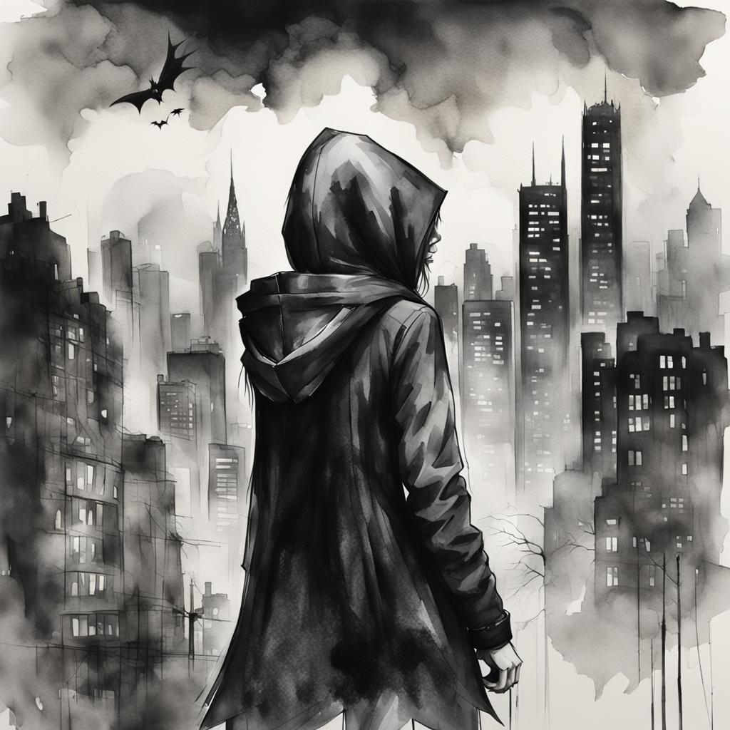 Vampire Girl in City, Watercolour Charcoal Art