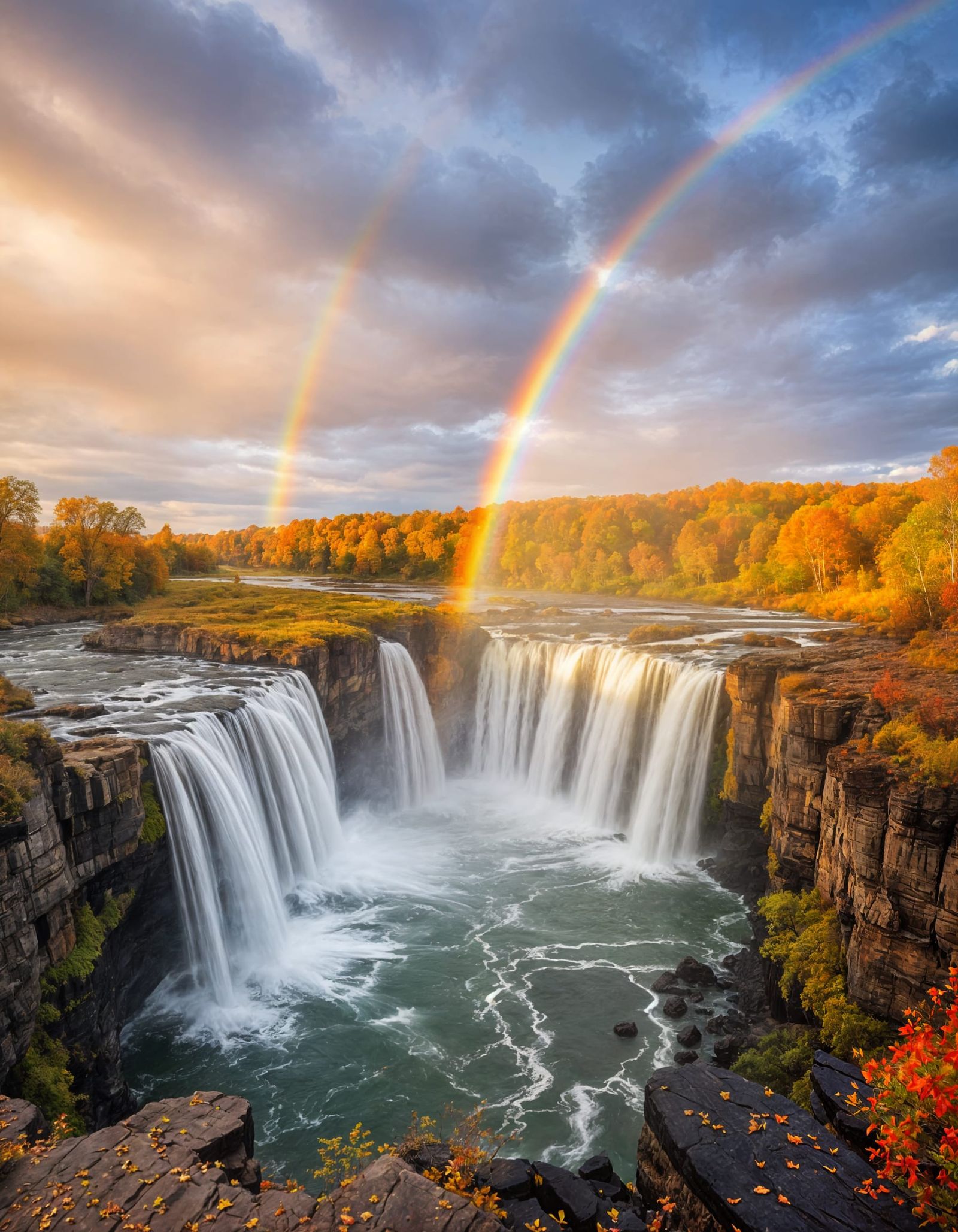 Autumn Waterfall with Double Rainbow Mist