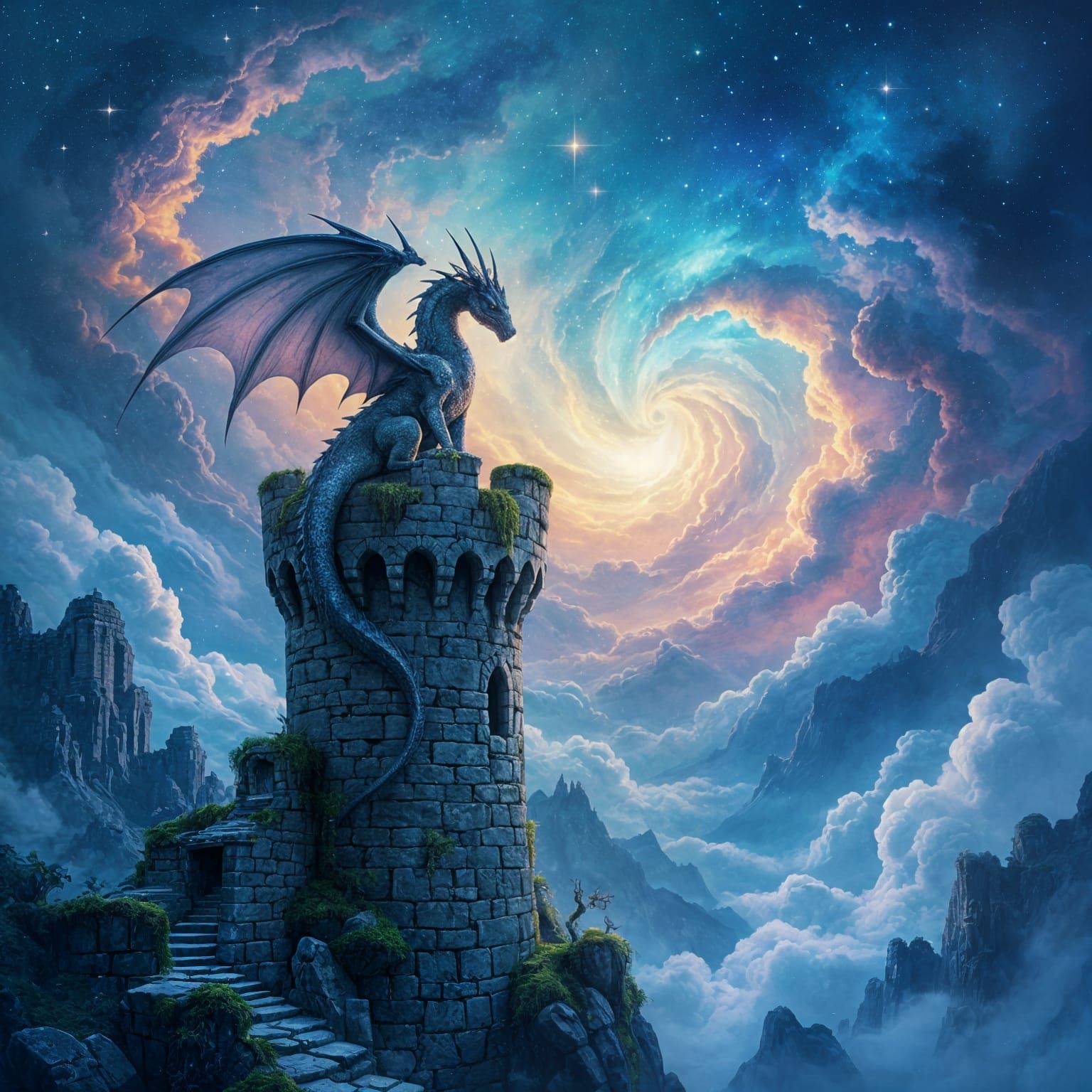 Ancient Dragon Watches Cosmic Nebula from Stone Tower