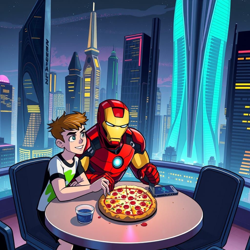 Heroes Savor Pizza in Futuristic Metropolis