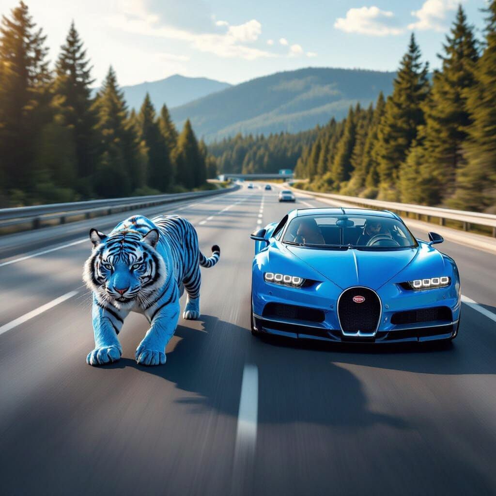 Blue Tiger Races Bugatti on Highway