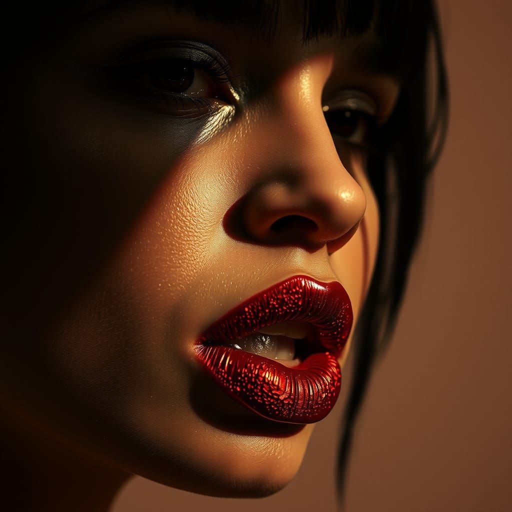 A Woman in Sepia World with Metallic Vermilion Lipstick
