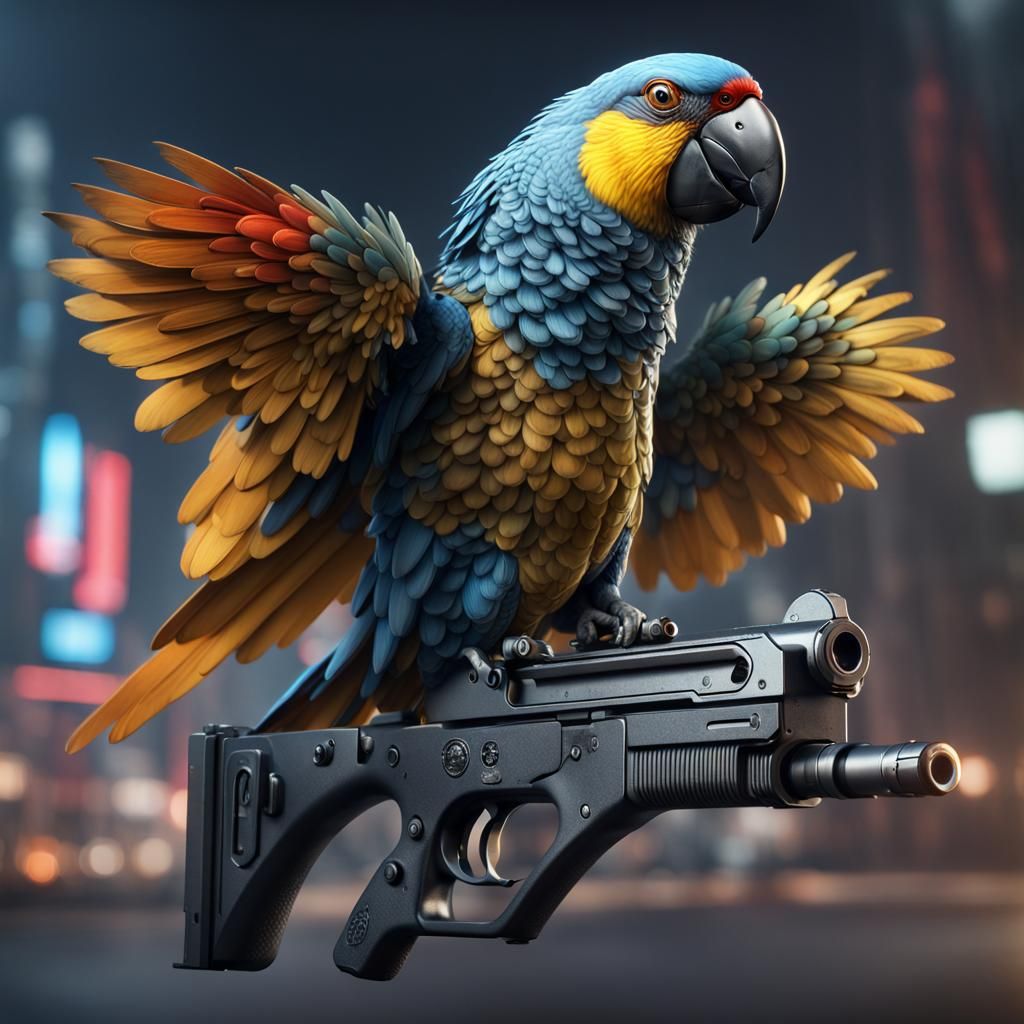 Police Parrot with a Gun: Detailed Matte Painting
