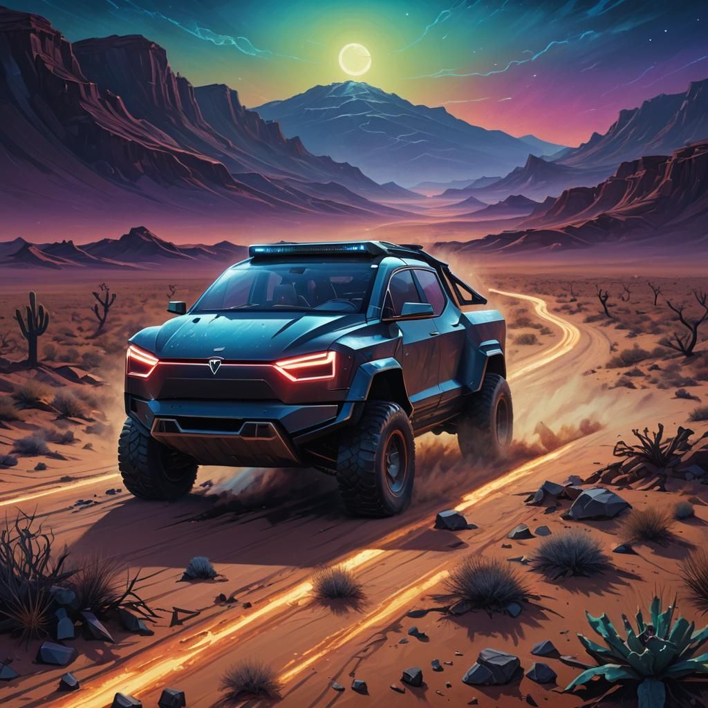Tesla Cybertruck in Eerie Desert: Futuristic Matte Painting