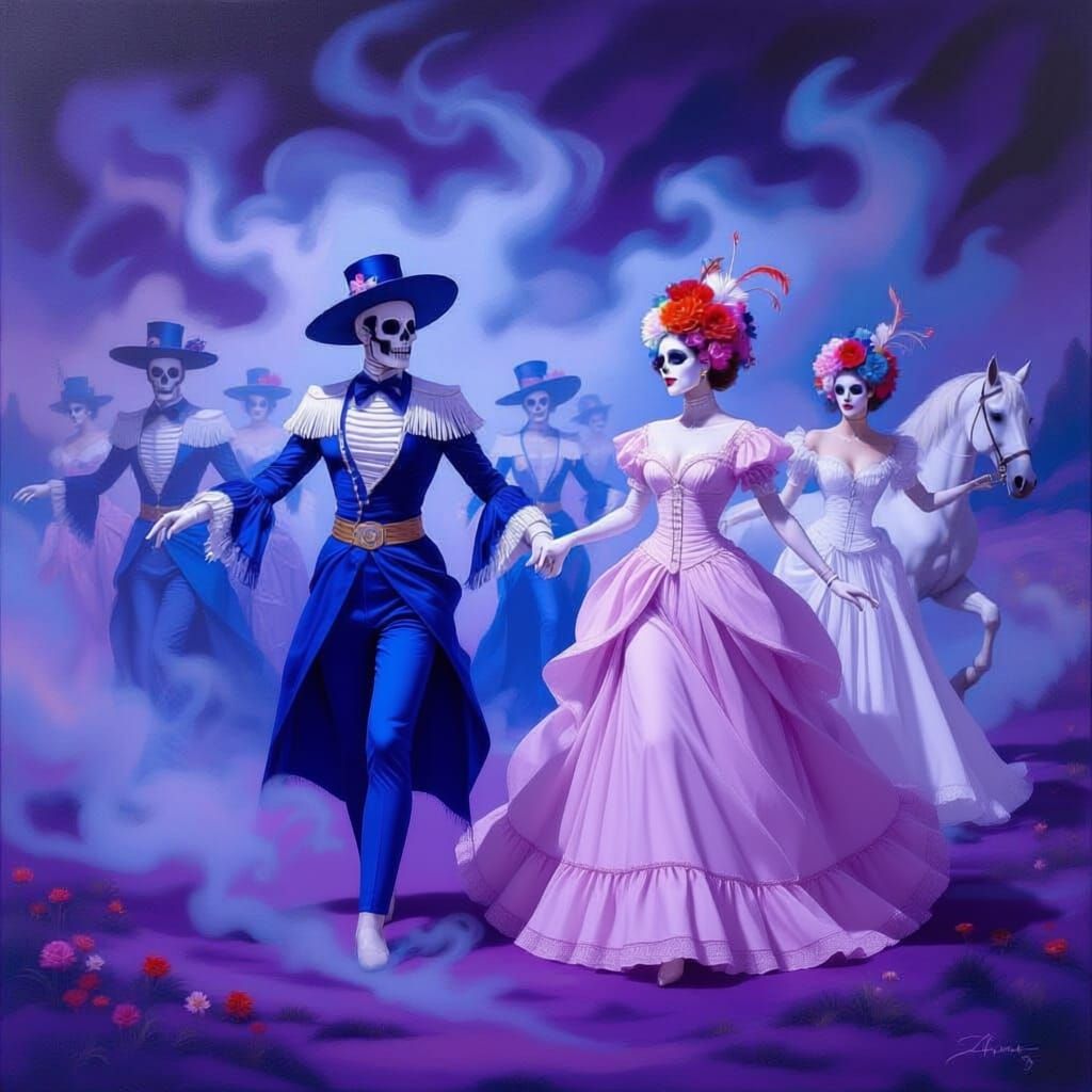 Mummies Waltzing with Centaurs in a Dreamlike Purple Landsca...