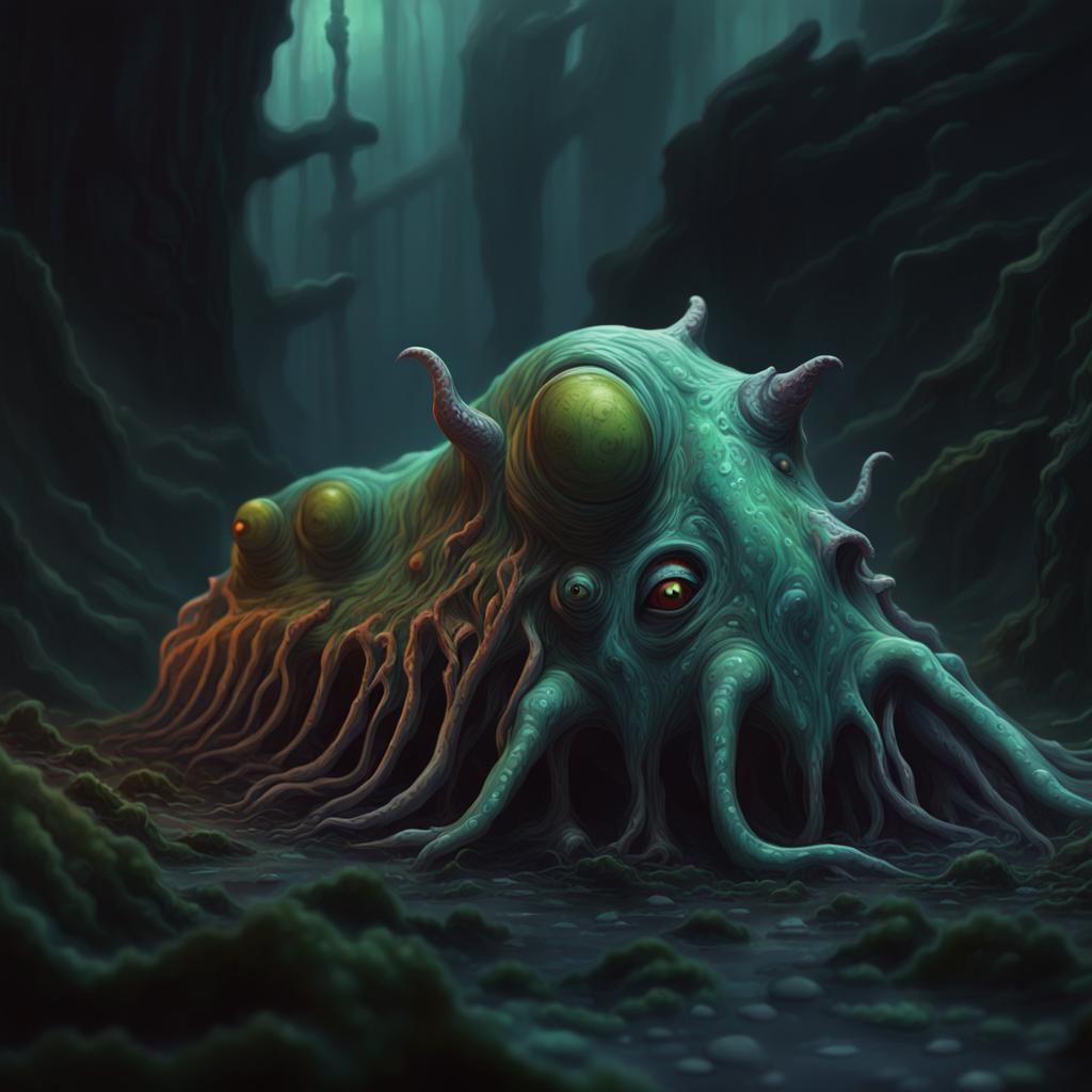Grotesque Slime Monsters Lurk in Eerie Fantasy Landscape