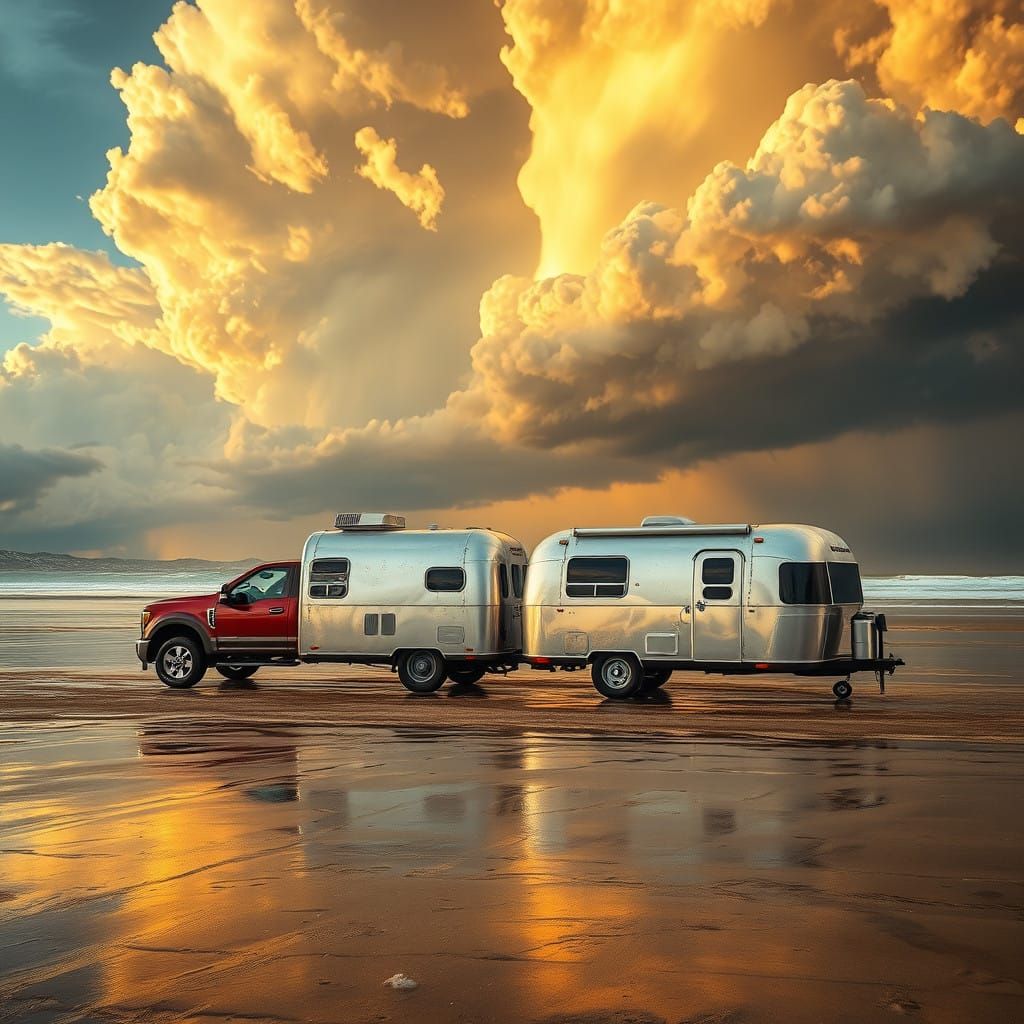 Vintage Airstream Trailer on Beach at Sunset with Stormy Wea...