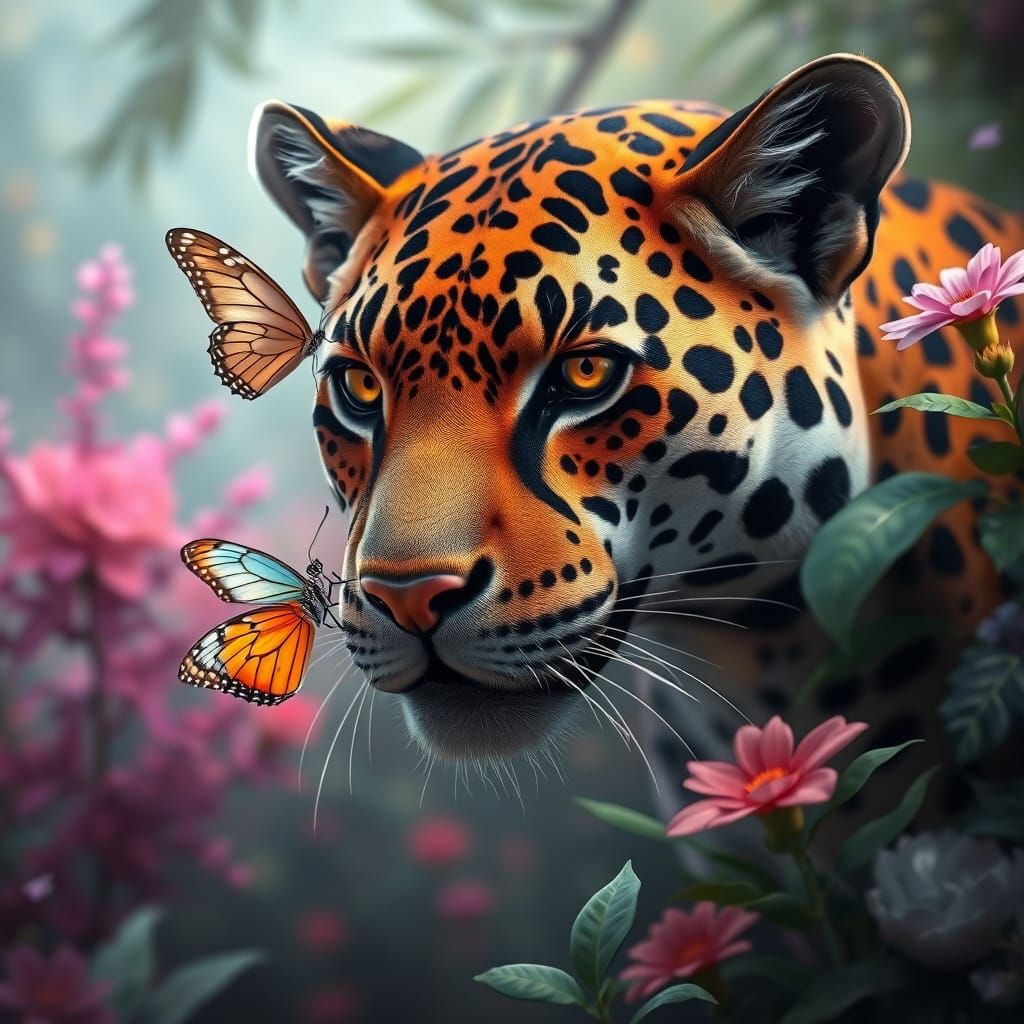Majestic Jaguar with Butterfly in Vibrant Lush Environment