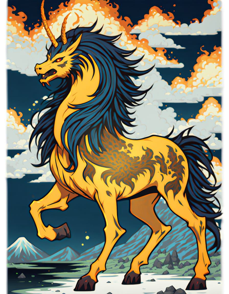 Anime Kirin Wreathed in Flames in Volcanic Landscape