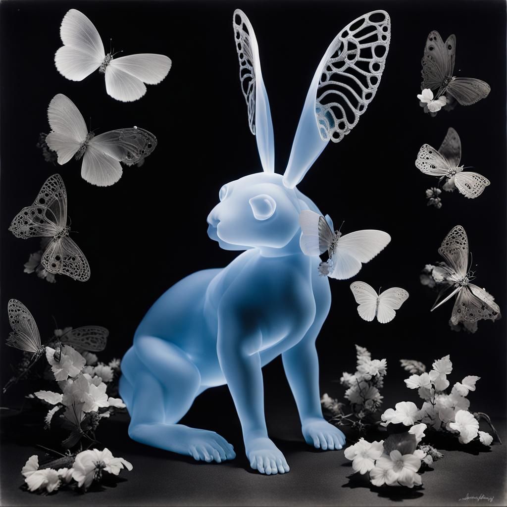 Photogram of blue glass bunny with butterfly wings by Mann Ray, Photogram, flowers inside the glass butterfly wings, ...