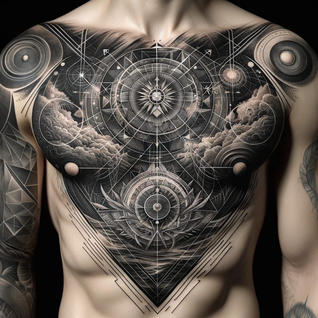 Geometric Nature Chest Tattoo Design in Charcoal Style