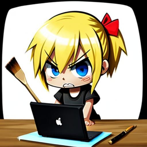 Angry Chibi Girl Smashes Laptop with Paintbrush
