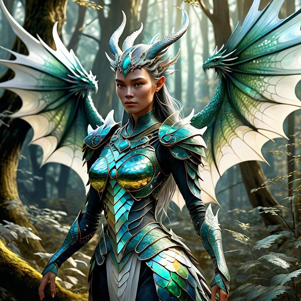 Mother-of-Pearl Dragon in Magical Forest