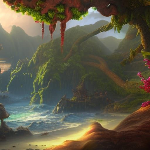 Detailed Matte Painting of Hawaii in Deep Color