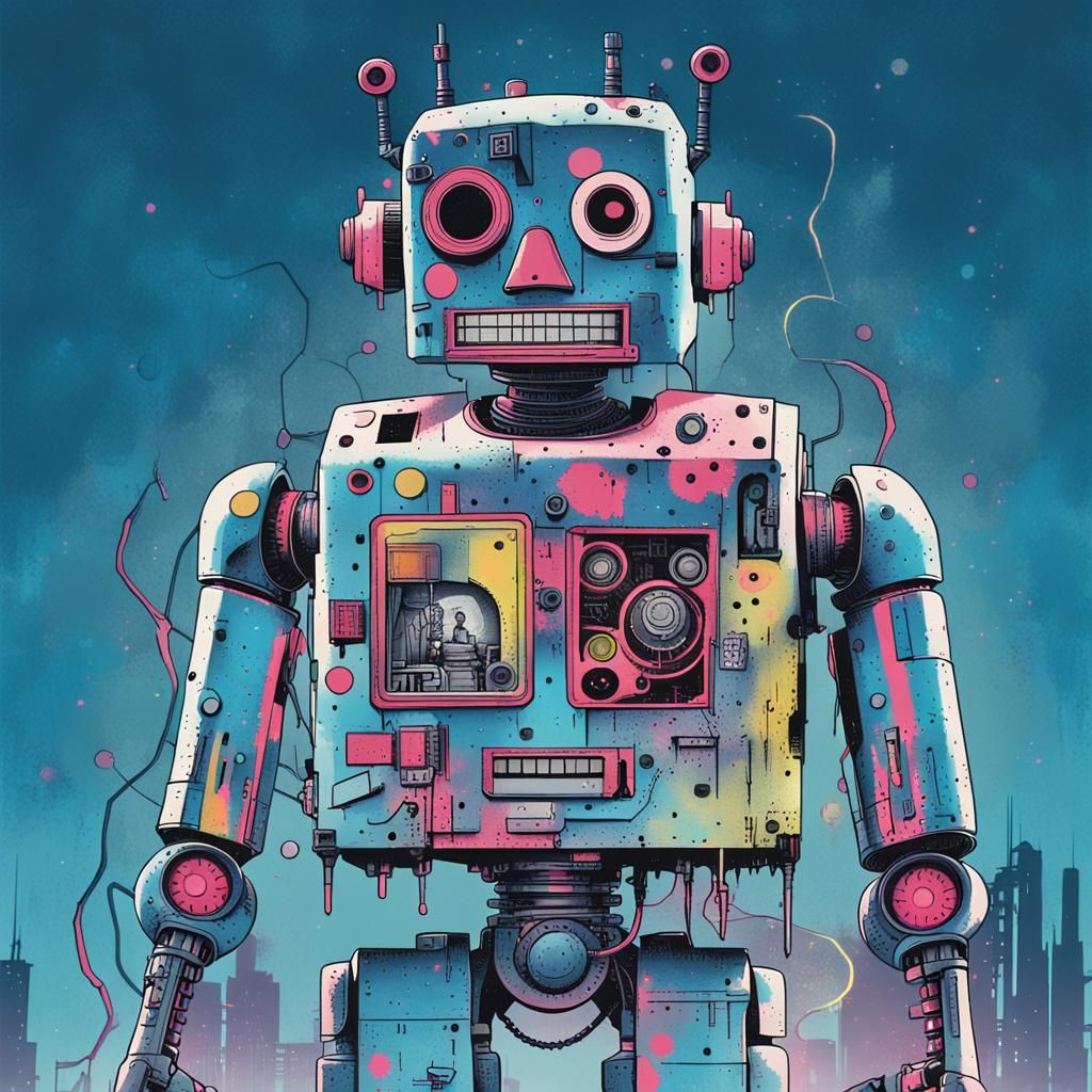 Cyborg Robot in Industrial Setting, Punk Aesthetic