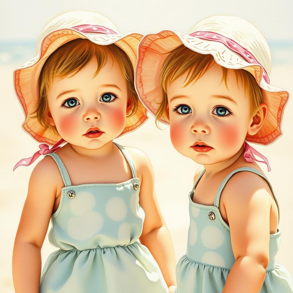 Children on Sunny Beach as Gouache Painting