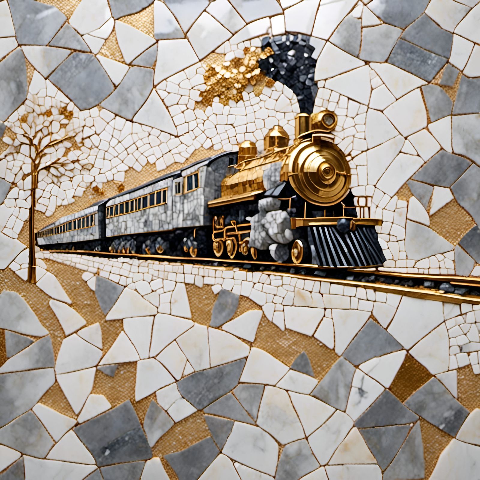 Polished Marble Train Car in Mosaic Style