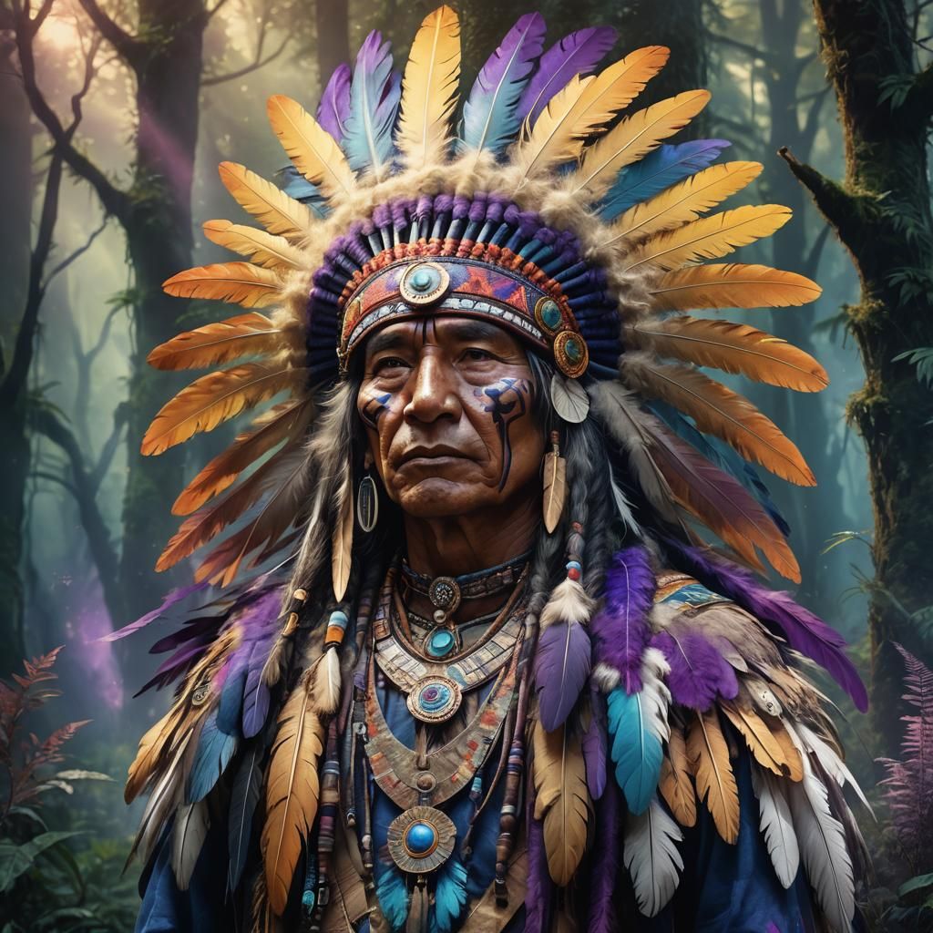Regal Native American Chief in Mystical Forest