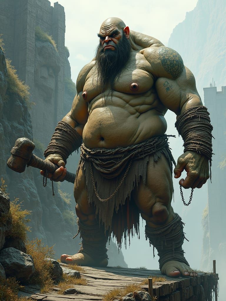 Snogrog, a hill-giant, out looking for adventurers to devour...