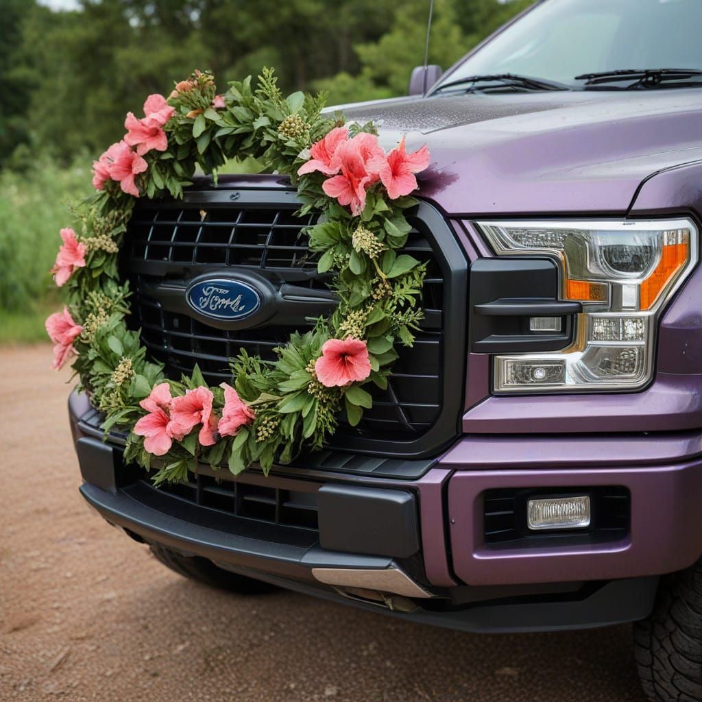 Ford F150 Grill Adorned with Vibrant Floral Wreath