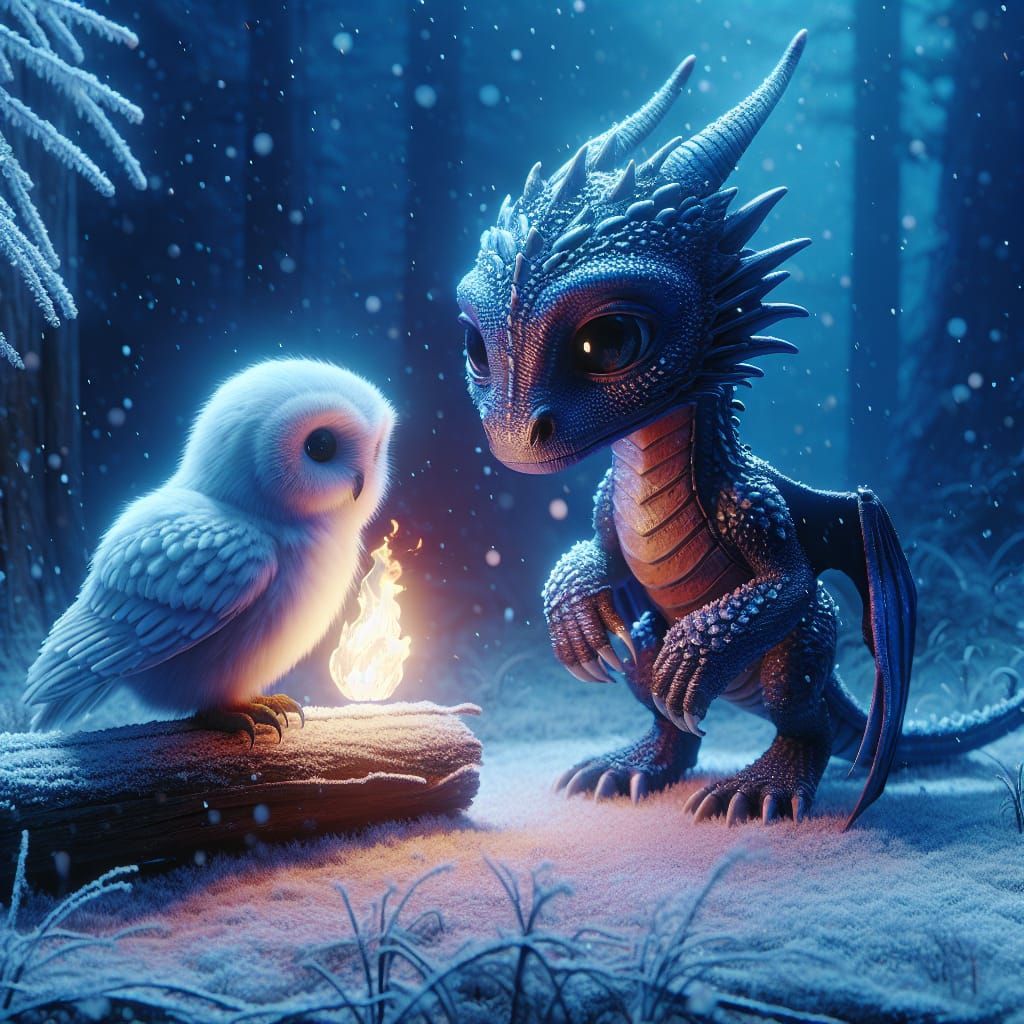 Blue Dragon Warms Owl in Snowy Forest: Matte Painting