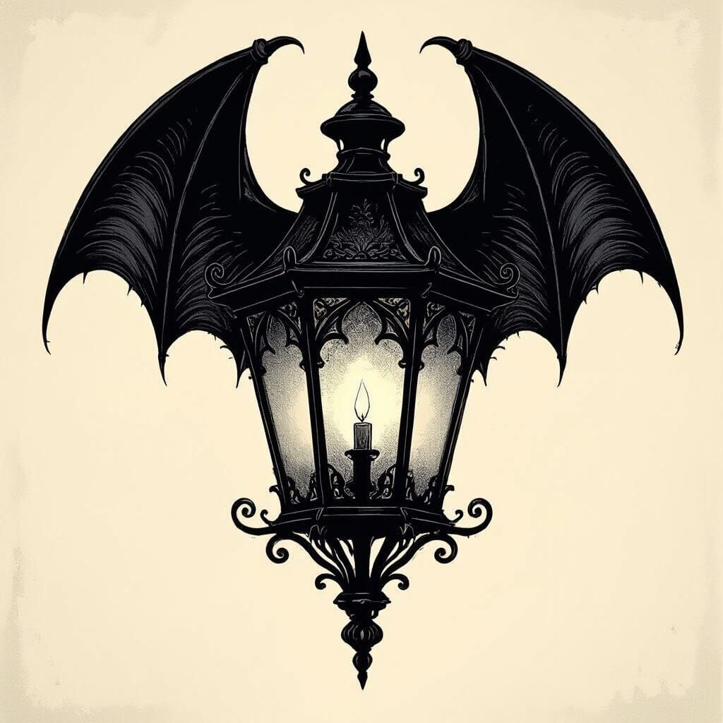 Gothic Lantern with Bat Shadow in Sepia Tones