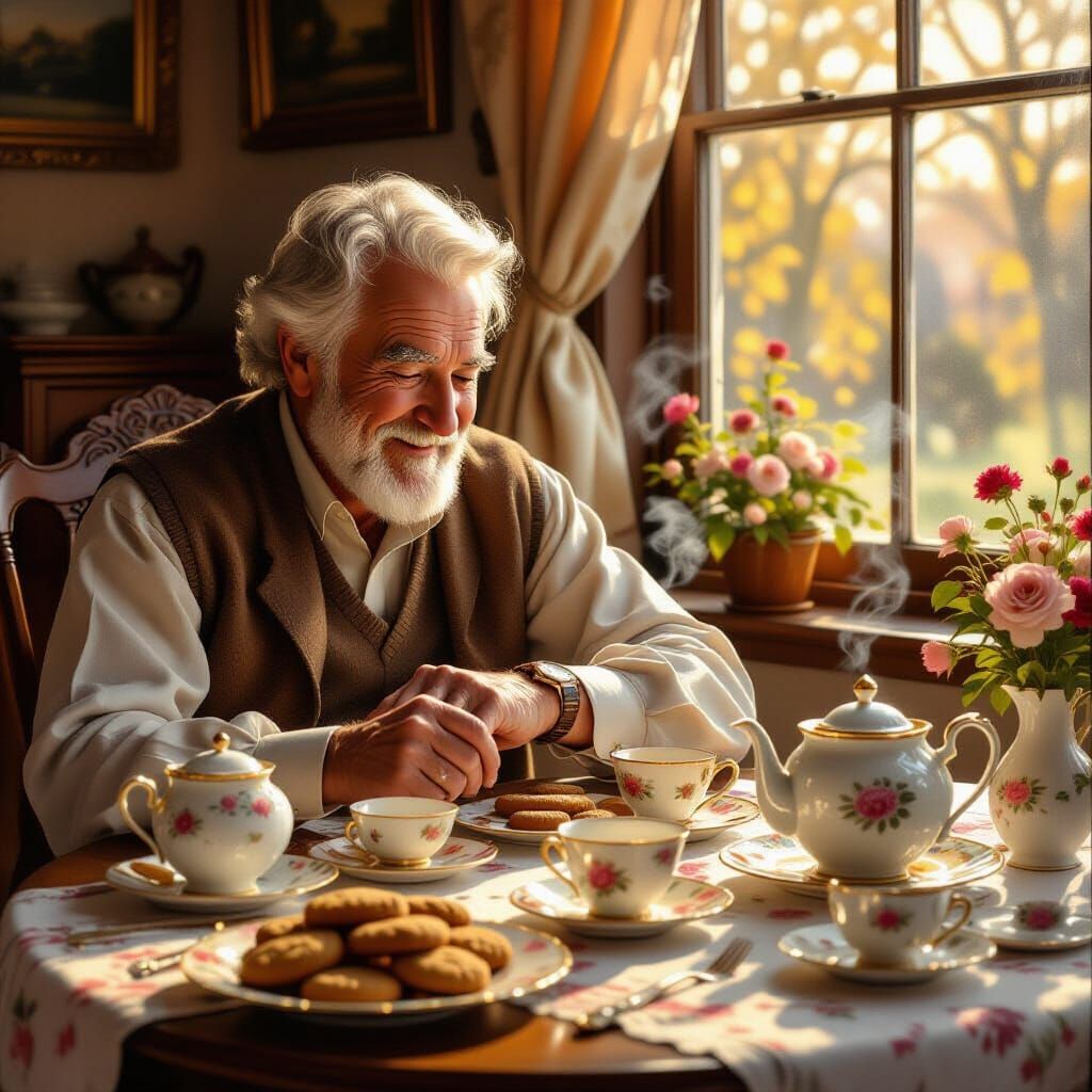 Cozy Teaparty Scene With Elderly Man Awaiting Guests