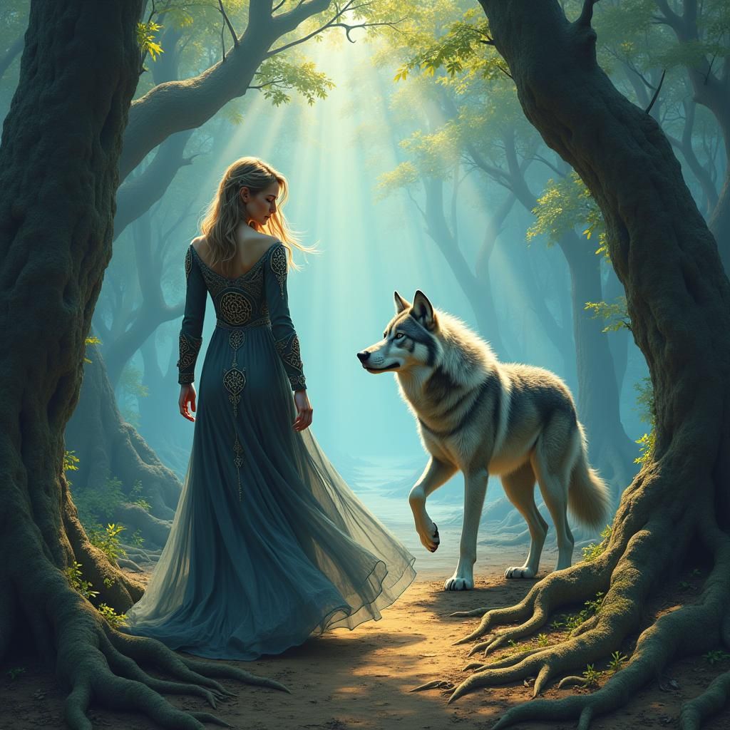 Lady and Wolf in Misty Forest, Matte Painting