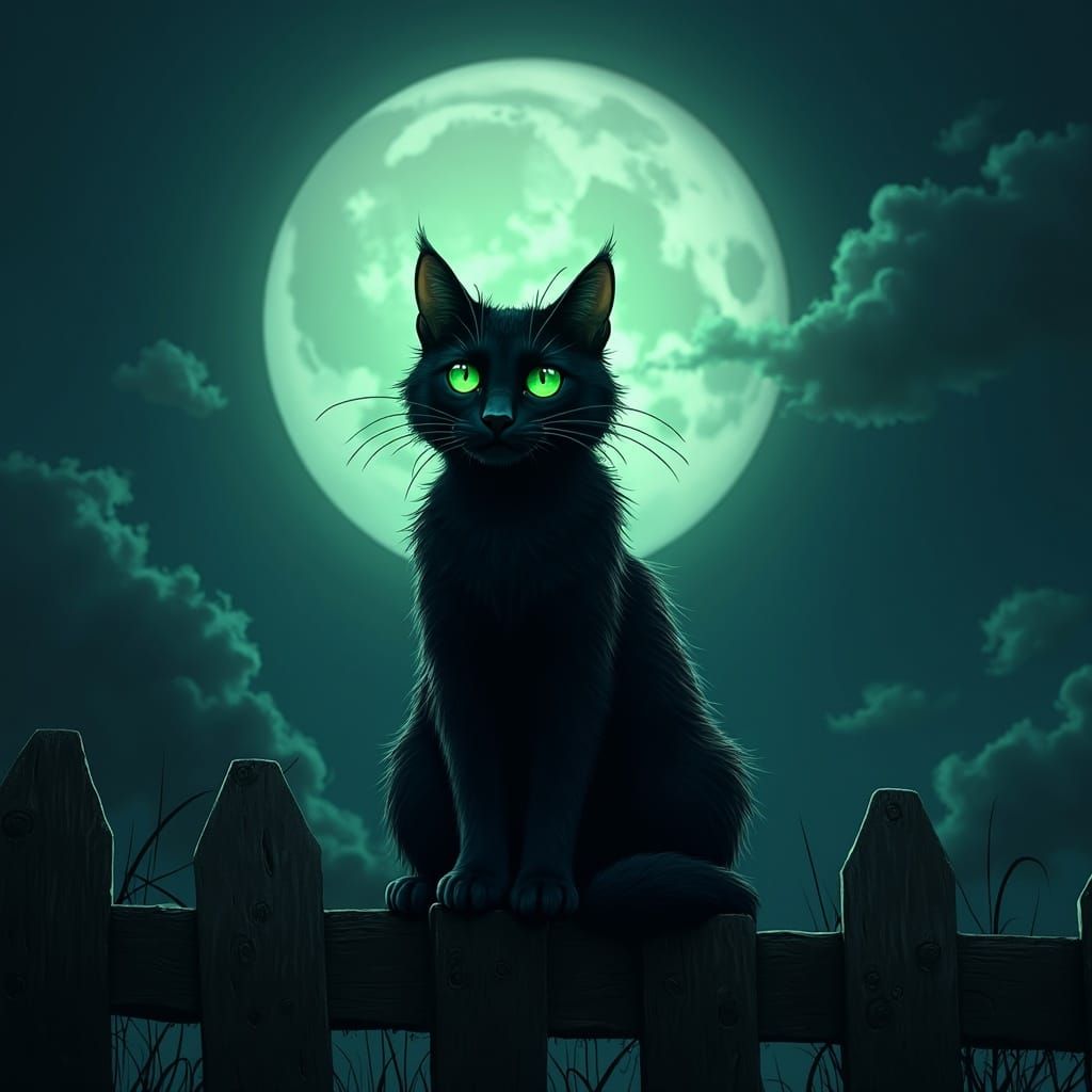 Mysterious Black Cat on Fence Under Full Moon