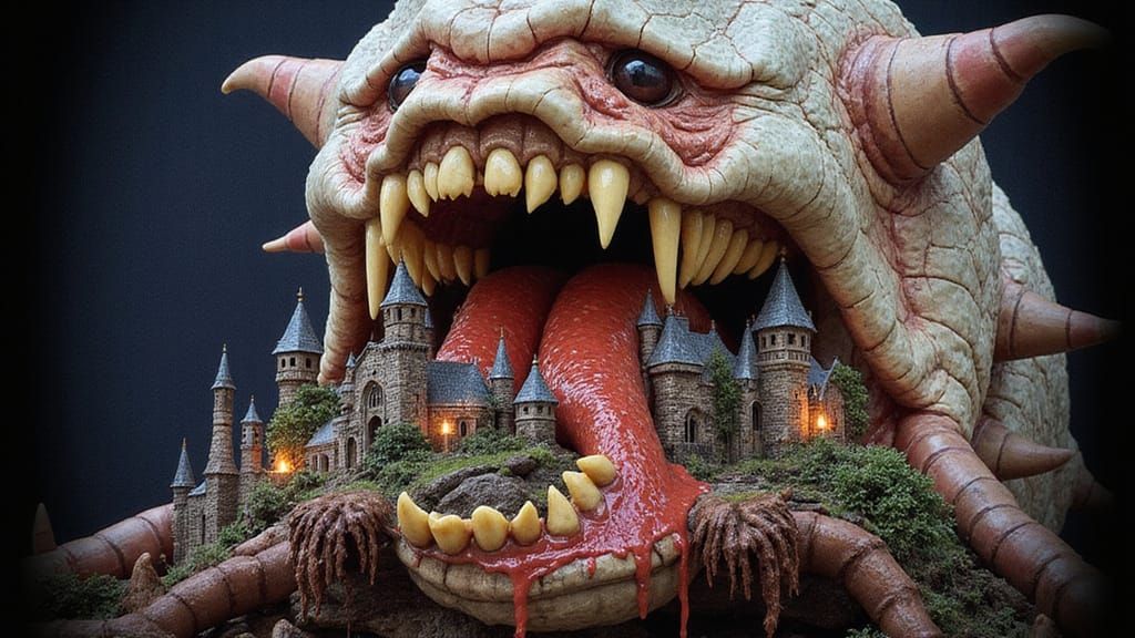 Surreal Dark Fantasy Creature Devours Nightmarish Landscape